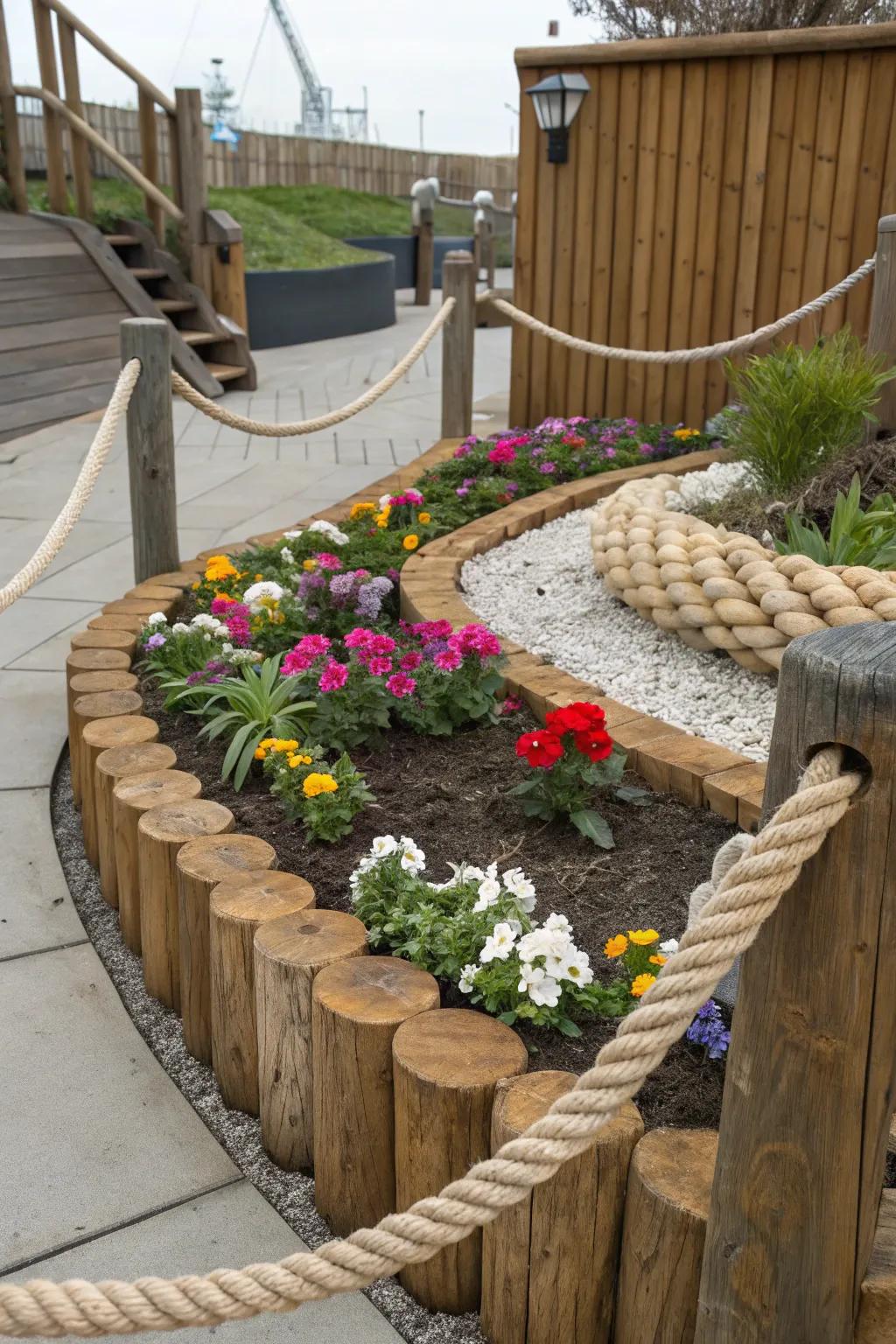 Rope and timber fashion a nautical-inspired border for the flower bed.