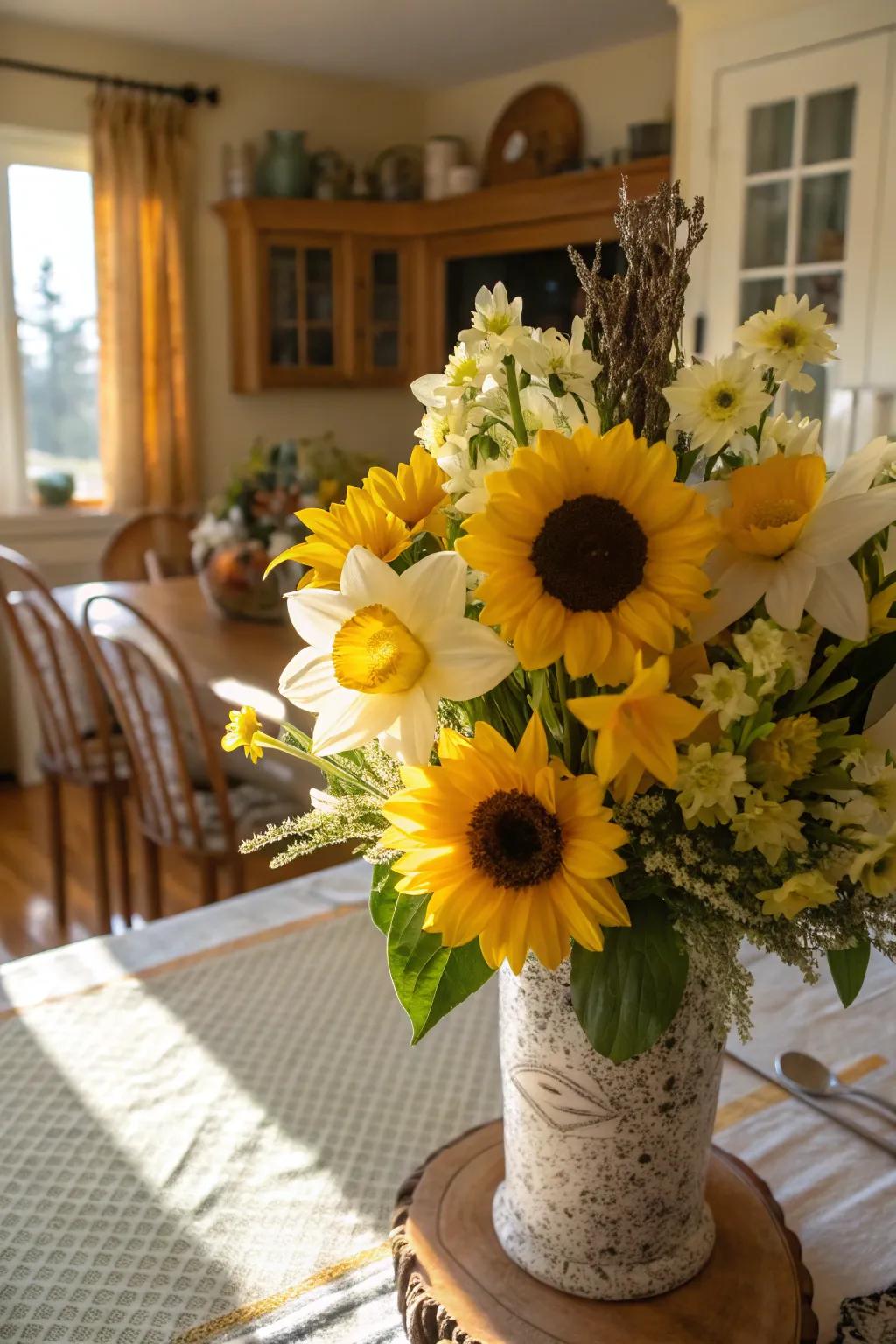 A cheerful arrangement of sunflowers and daffodils brightening up a dining room.