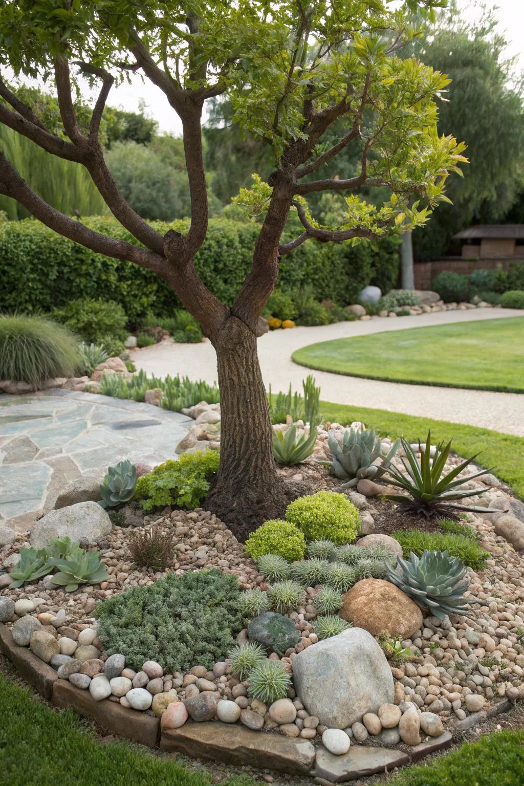 A rock garden with succulents delivers a stylish, drought-resilient layout around this tree.