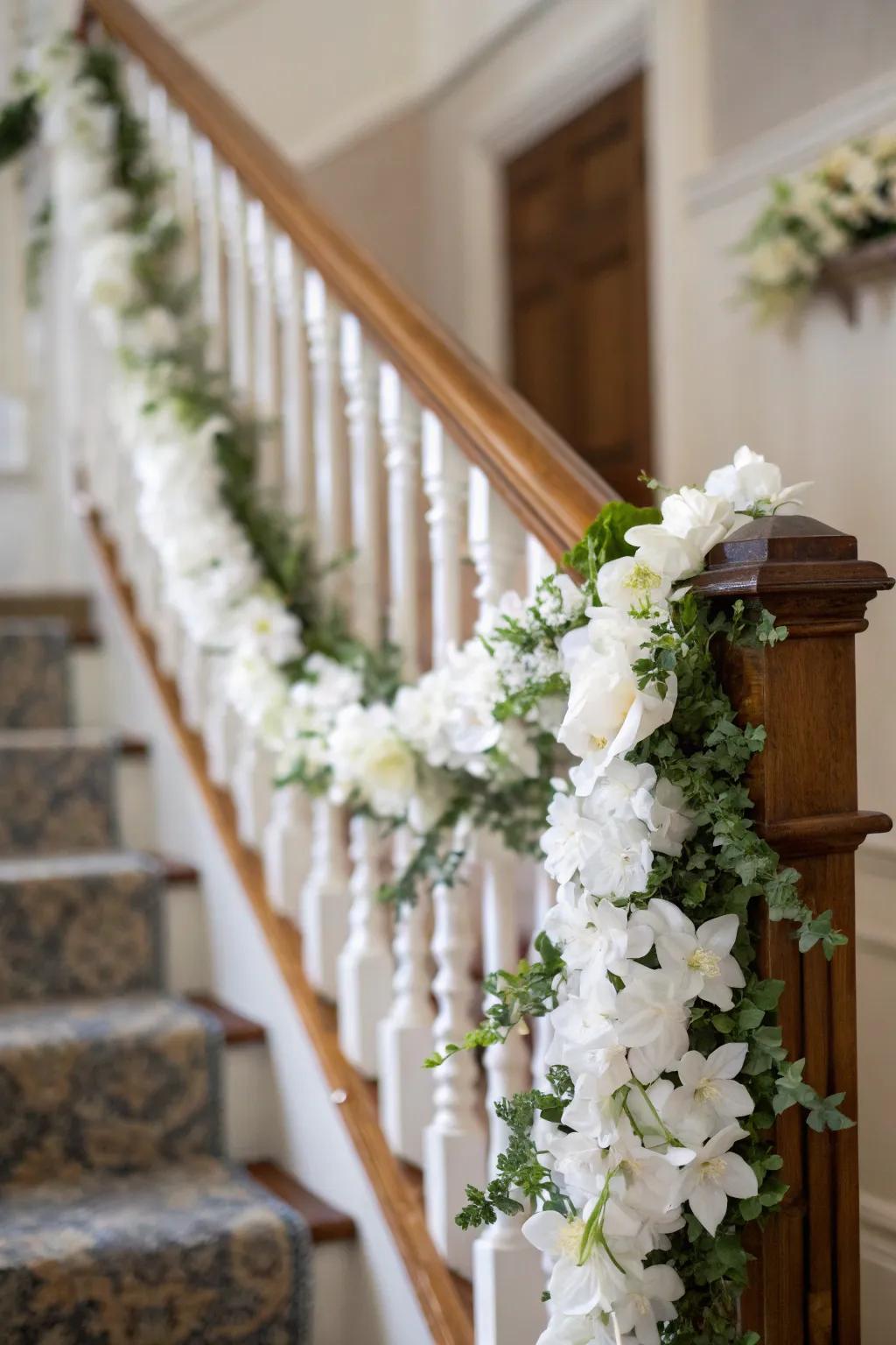 An ivory blossom festoon establishing a grand staircase entrance.