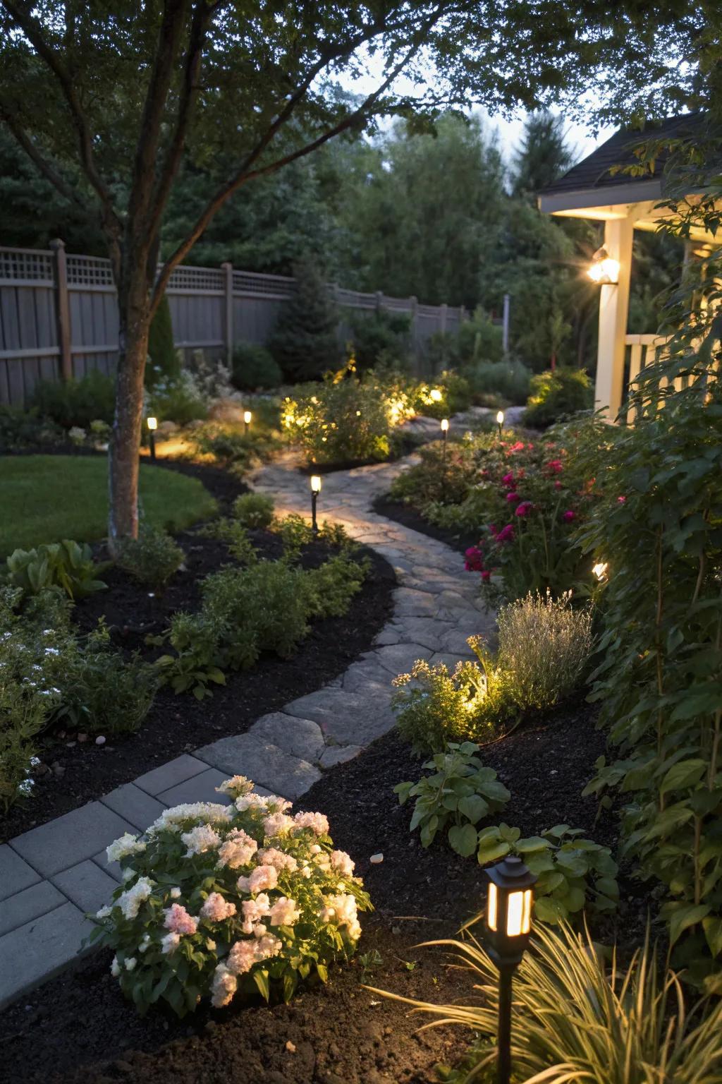 Illumination and ground cover craft a magical nighttime garden.
