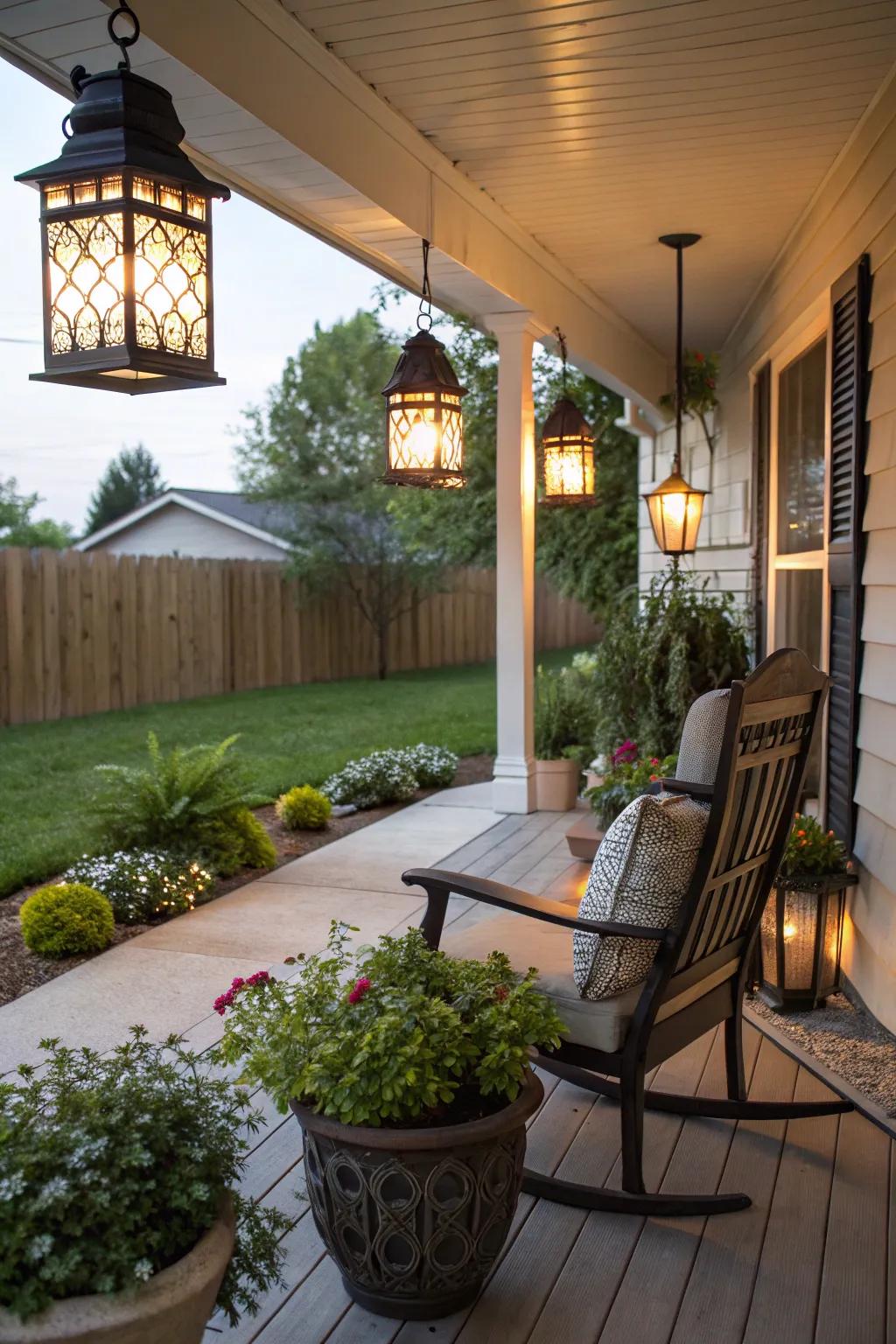 Garden lanterns present gentle lighting and privacy onto a comforting porch.