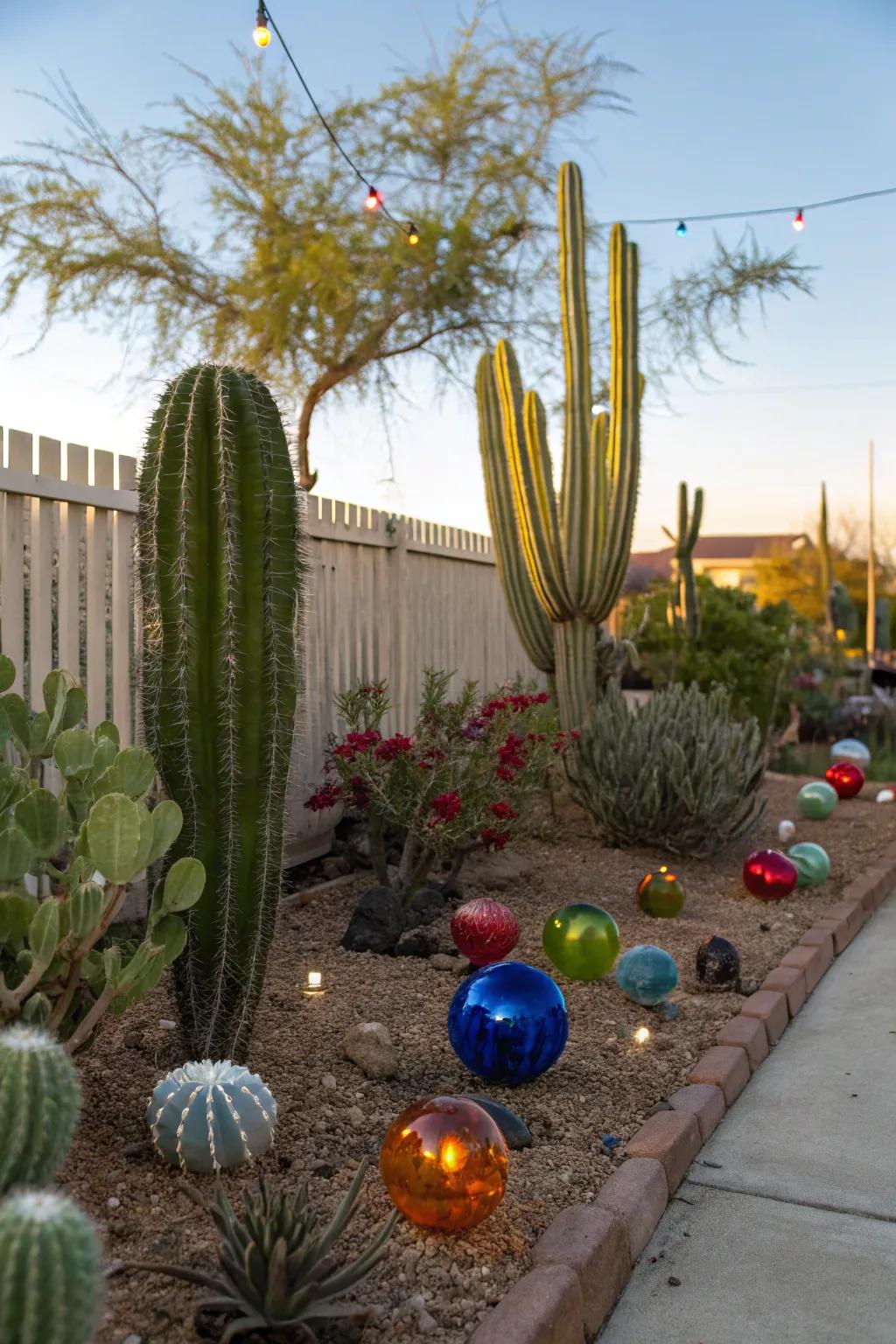 Quirky glass trinkets amidst cacti.
