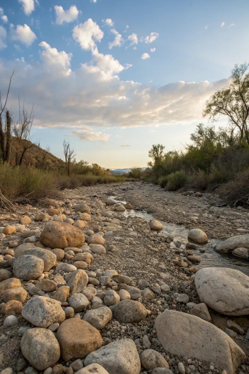 A rocky streambed appearance brings a realistic, rugged texture to your streambed.