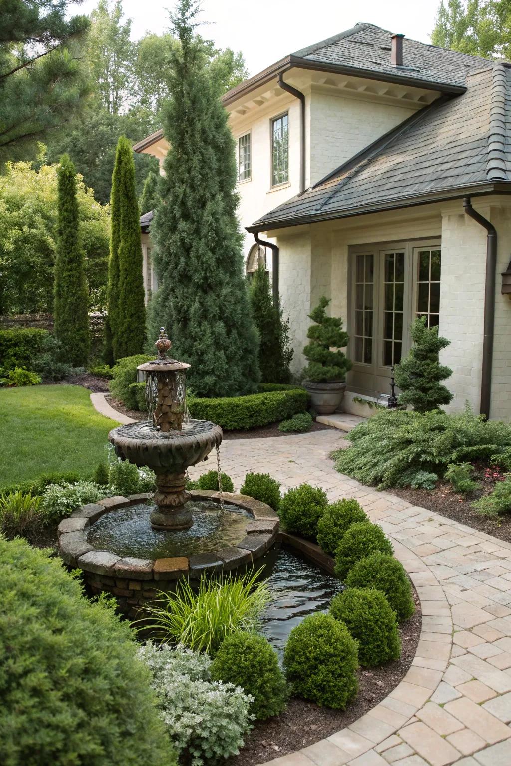 A water feature injects tranquility into the evergreen landscape.