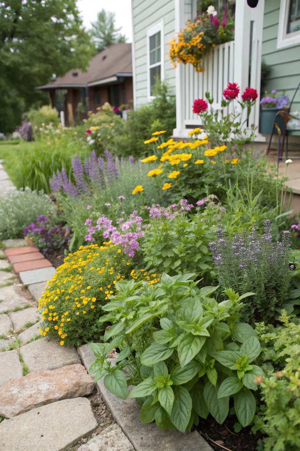 Herbs and flowering plants together offer beauty and practicality.