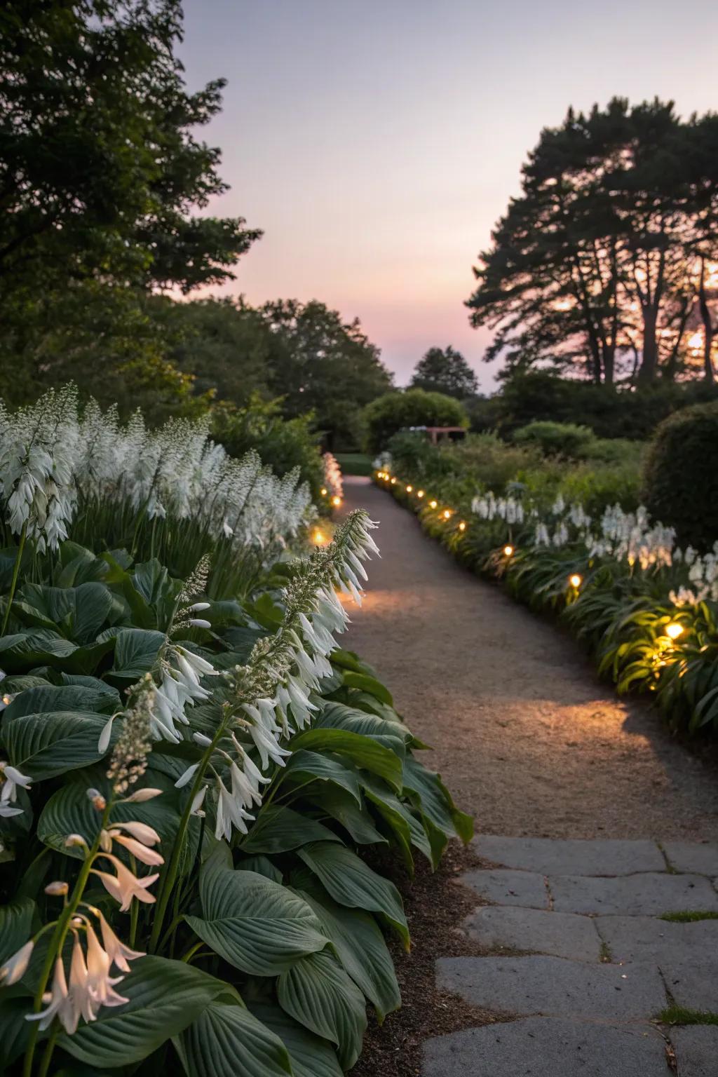Pale hostas light up routes with a magical glow.