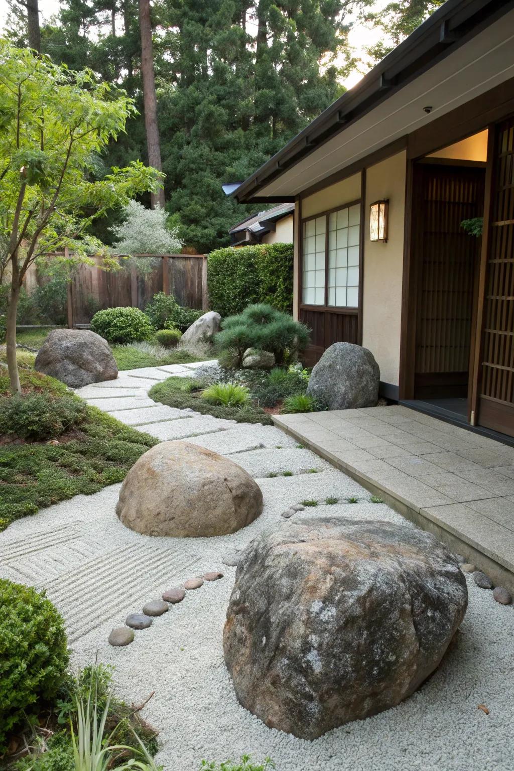 Discover serenity in a Zen-motivated refuge featuring massive stones.
