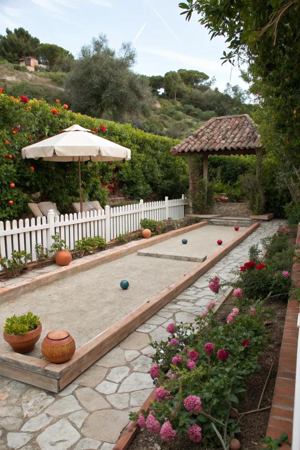 A bocce ball area adds a fun and social touch to this garden.