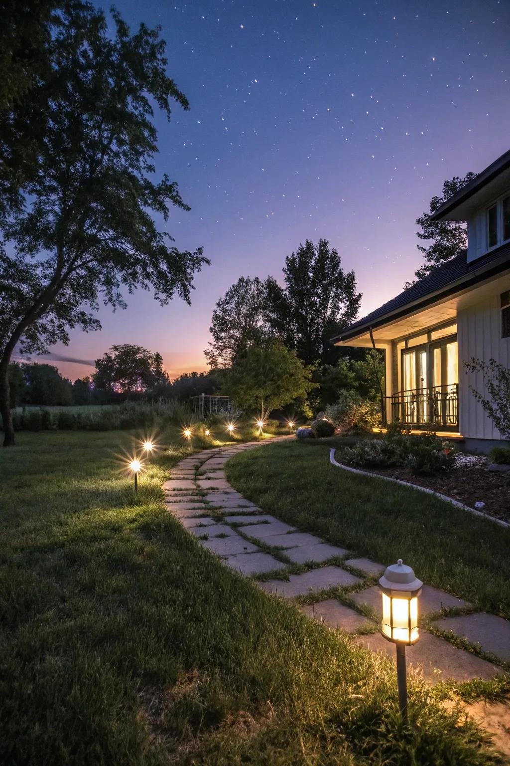 Elegant illumination transforms the garden at night.
