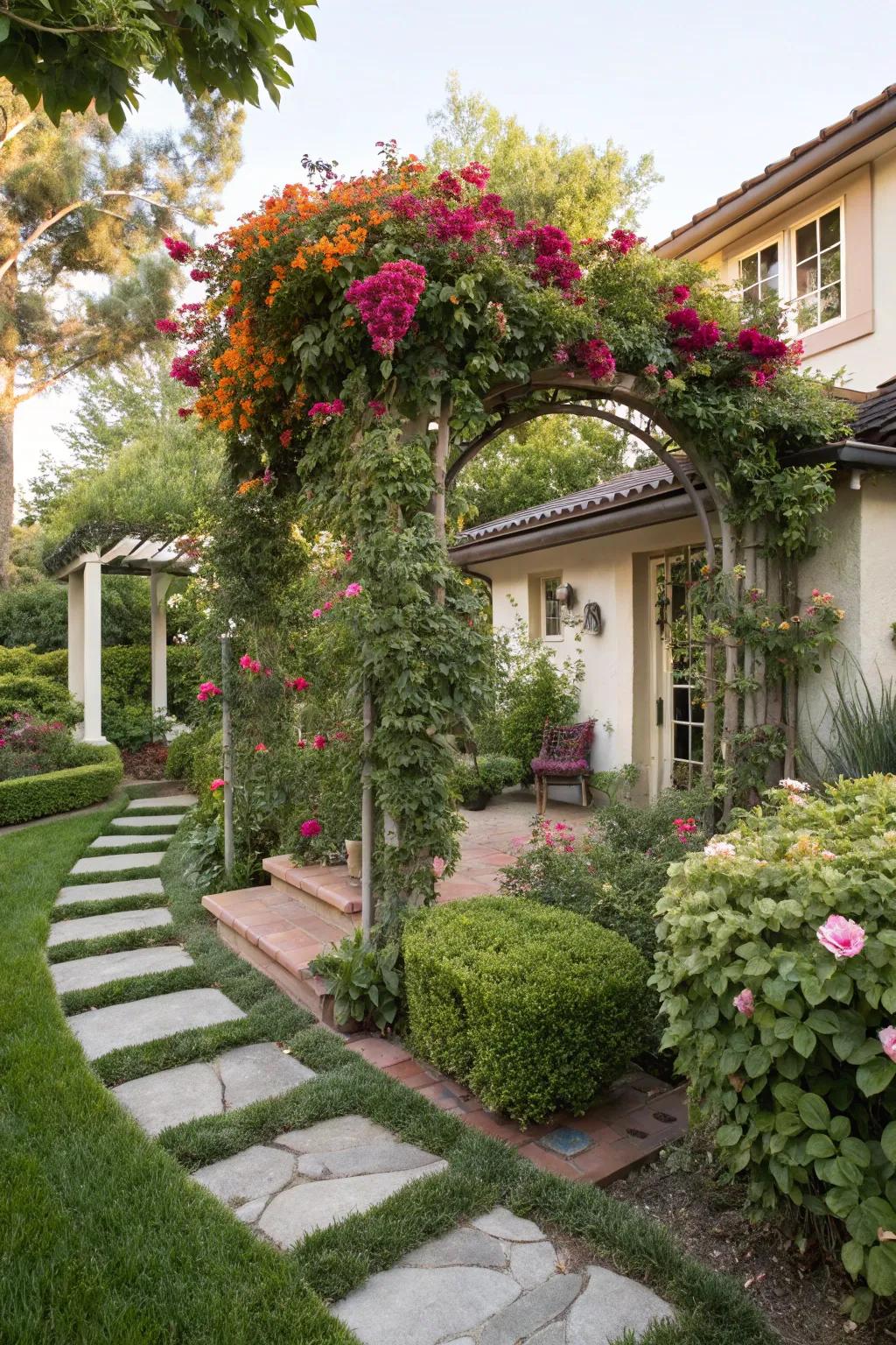 Frameworks with ascending plants transform your boundary into a living artwork.