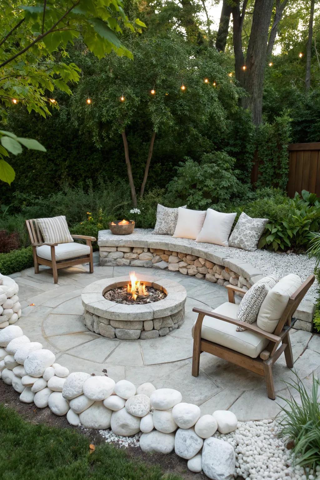 A fire spot with alabaster rocks results in a warm, welcoming outdoor location.