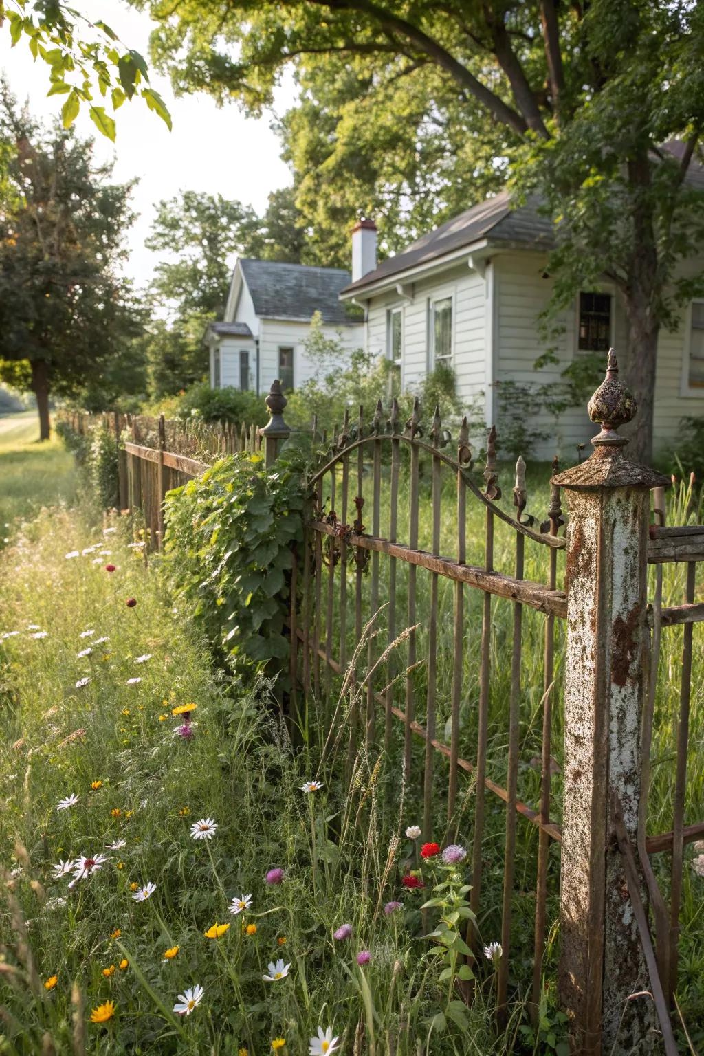 A weathered, rustic decorative metal barrier adding charm to a country home.