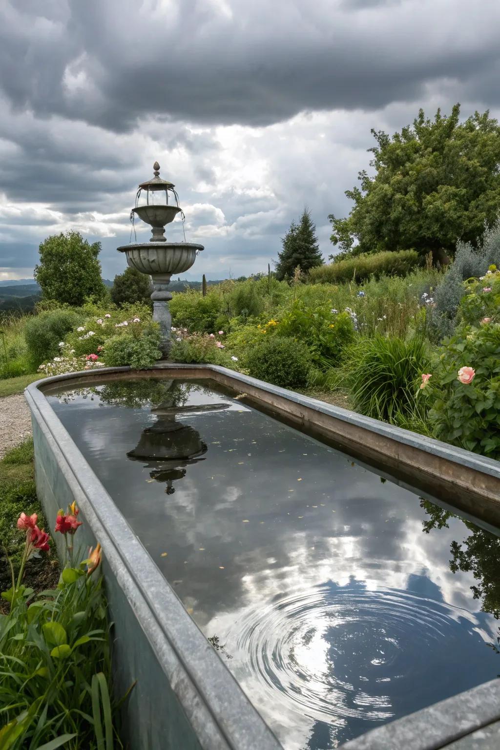A reflective veneer cultivates a mirroring spectacle within a basin fountain.