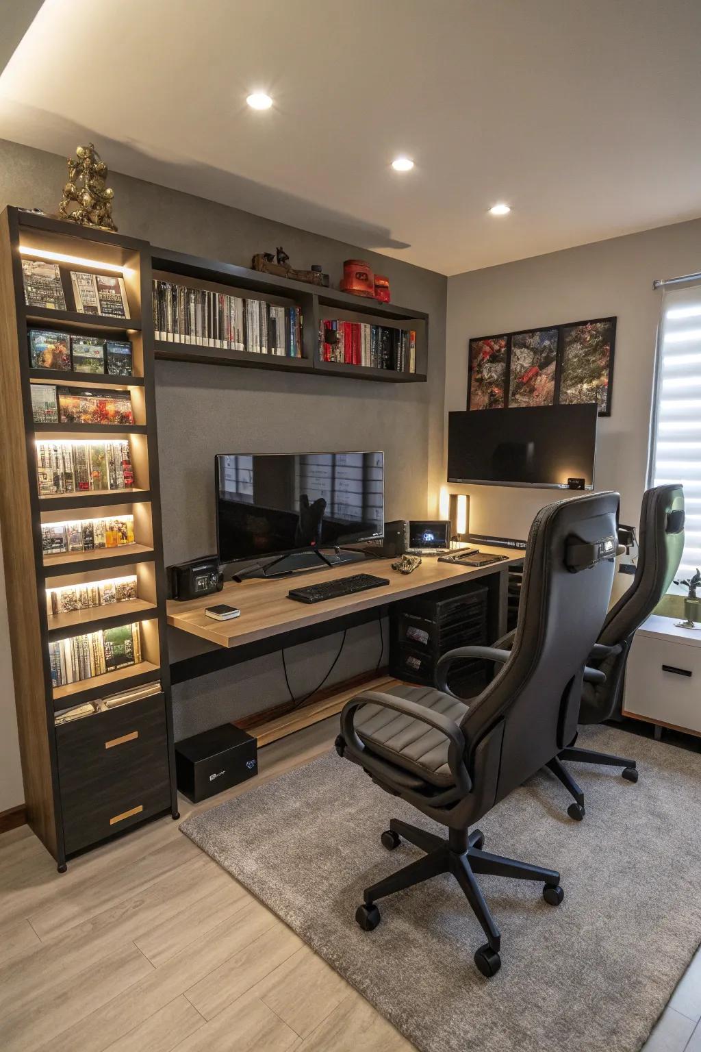 Multi-functional arrangements optimize your area for both labor and gaming.
