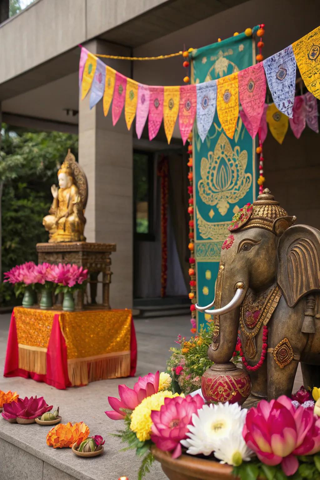 Classic images like elephants and lotus flowers enriching the cultural vibe of the festival decor.