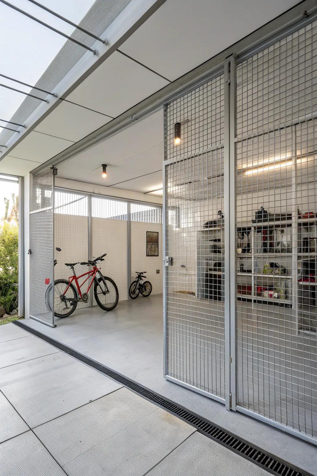 Wire lattice partitions provide a minimalist and airy look.