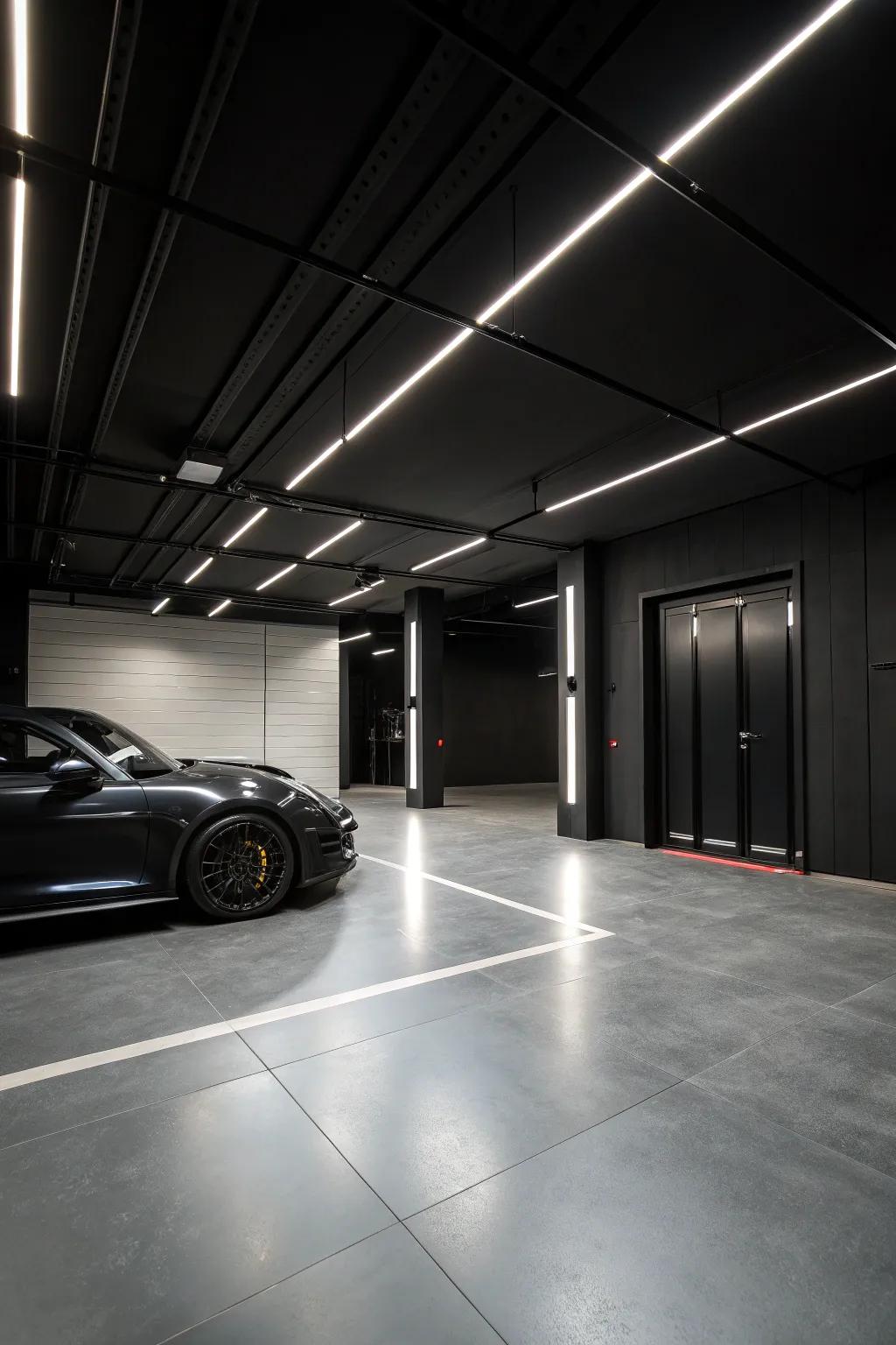 Black walls make a modern and dramatic garage space.