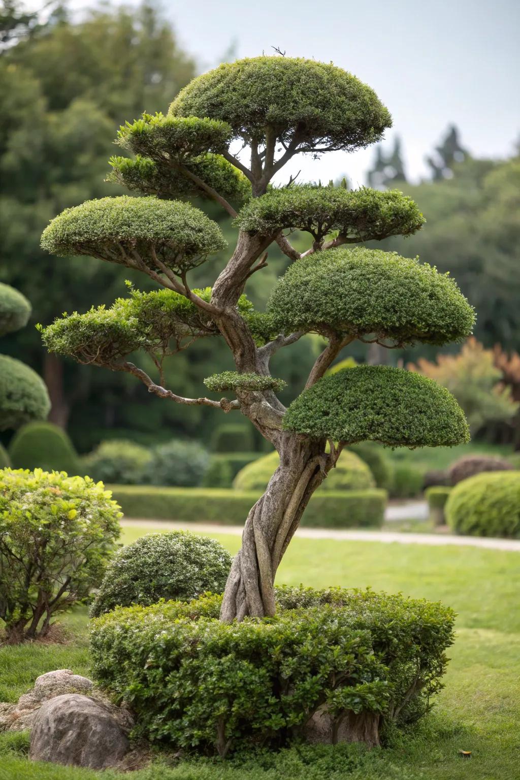 A garden tree is pruned into a unique sculptural shape.