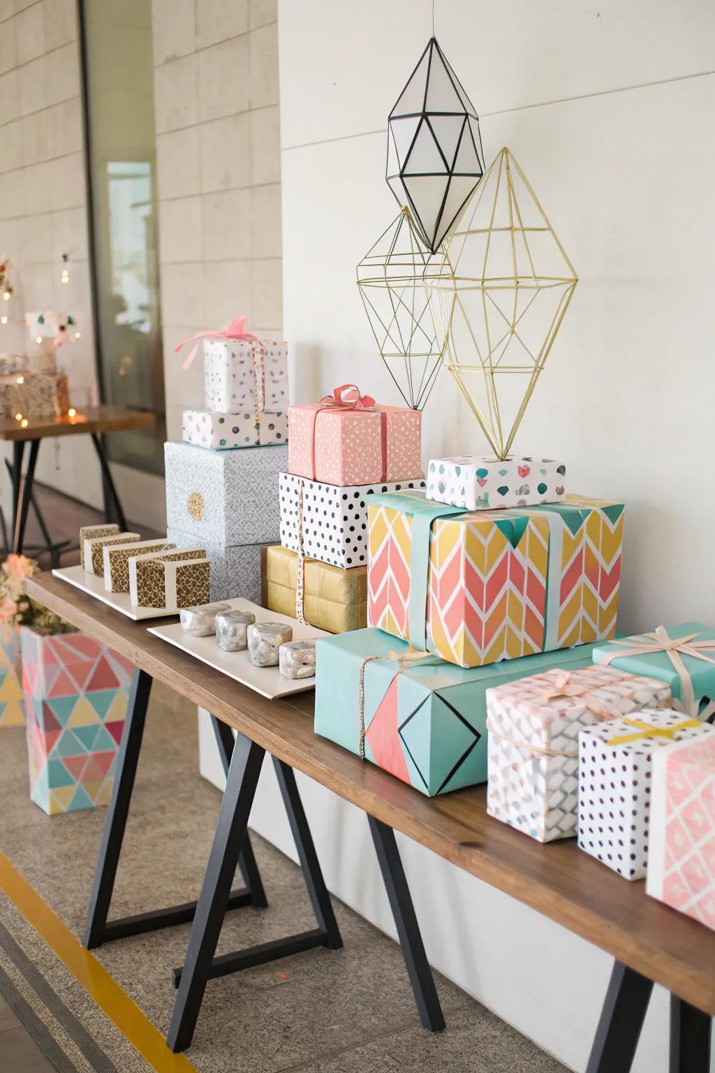 Introduce modern sophistication to your gift setting with angular figures.