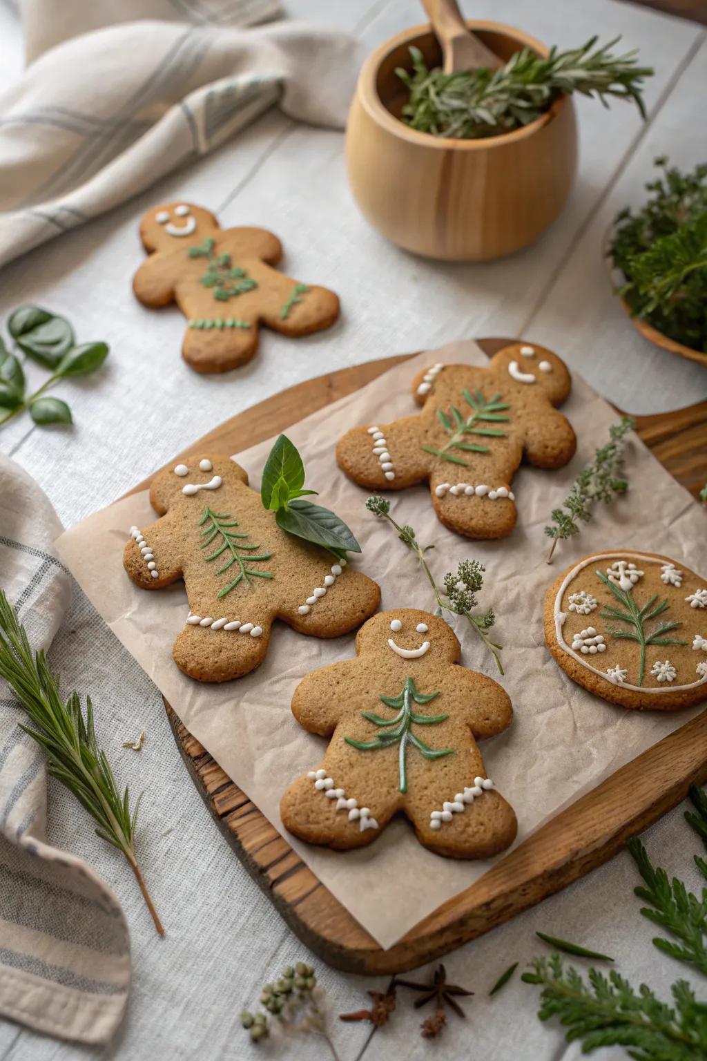 Herbaceous-infused gingerbread figures proffering a revitalizing perspective on holiday essences.