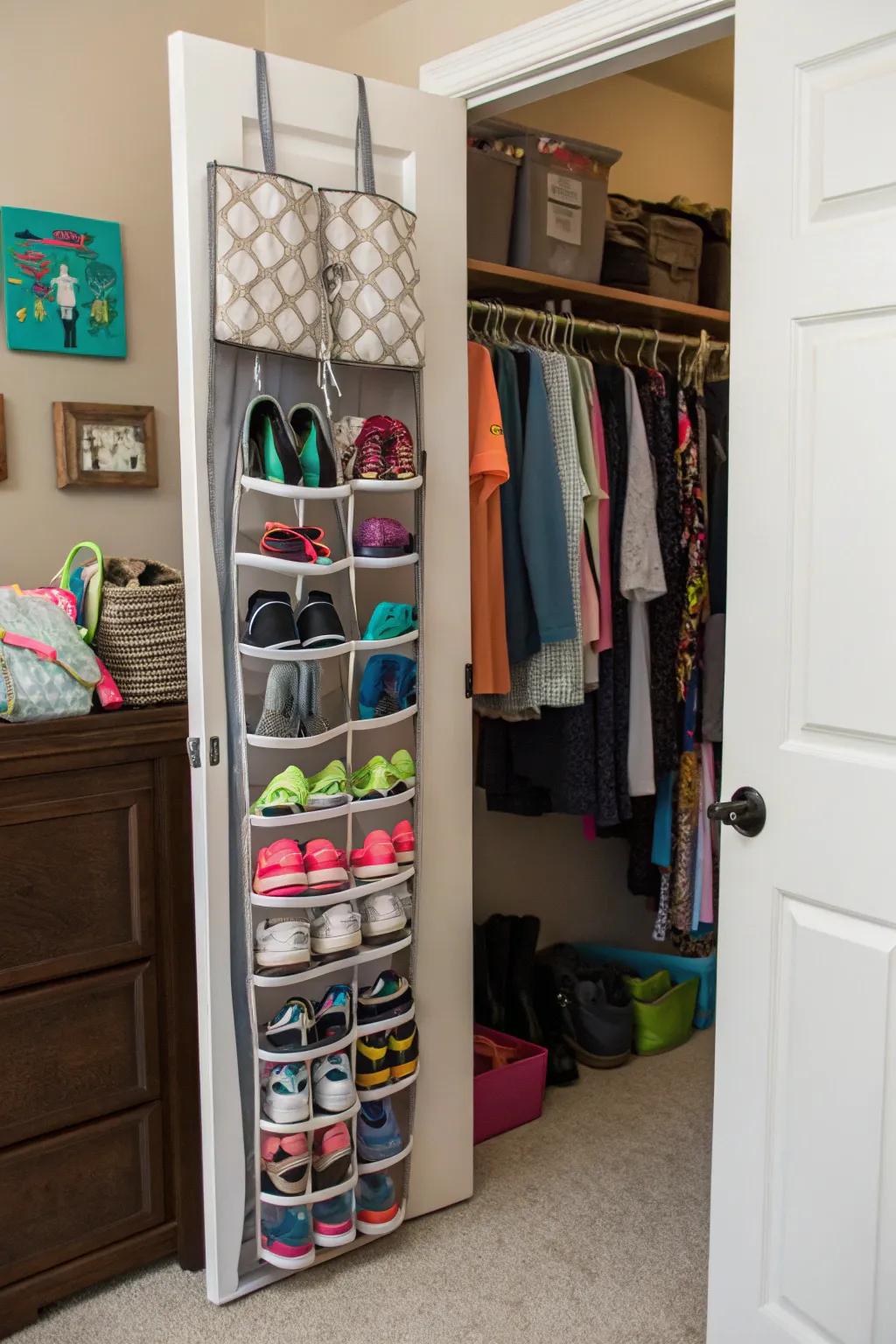 Unused space is maximized by organizers that hang over the door.