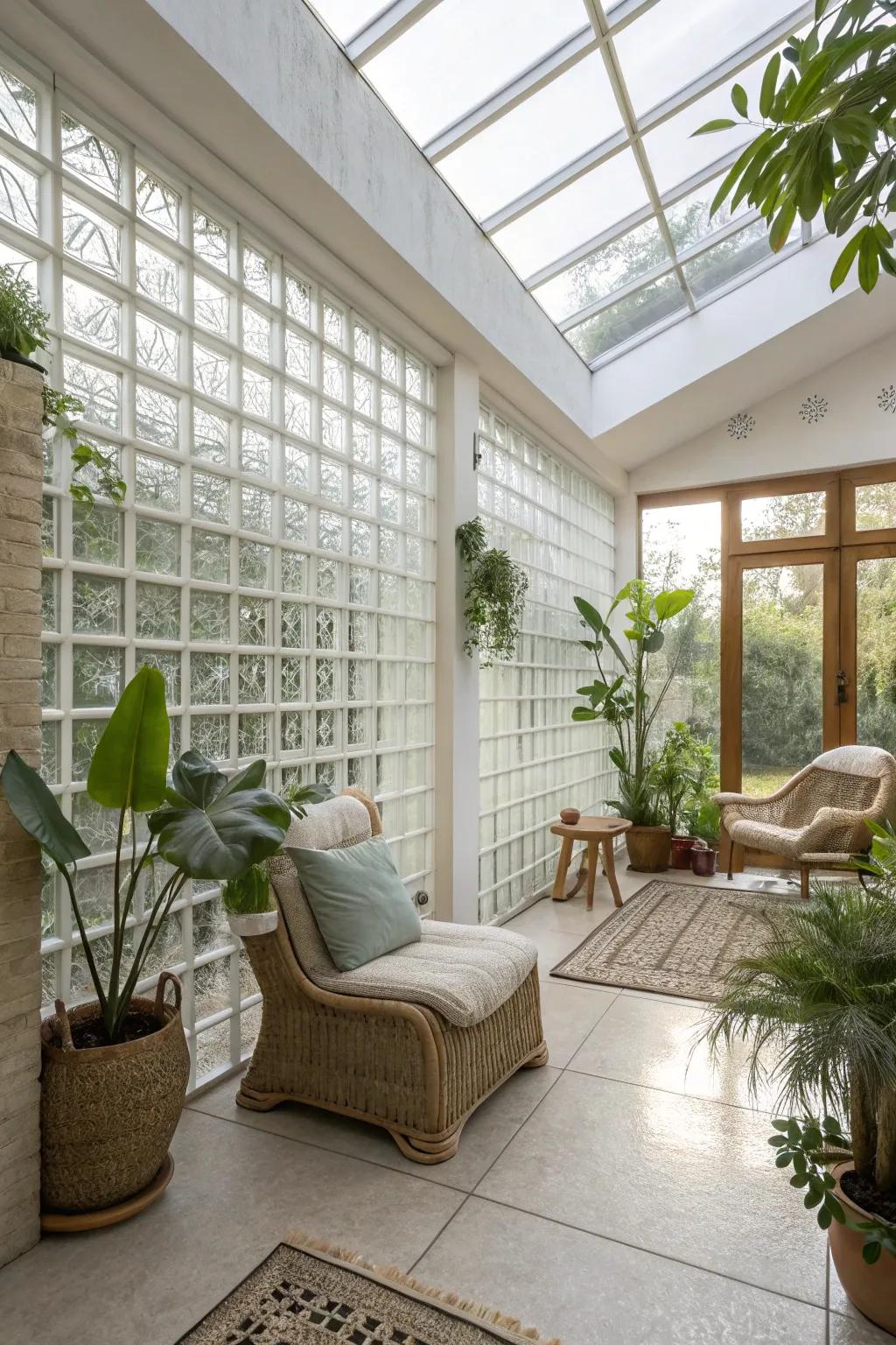 An eco-friendly home inside showing crystal cube walls, which uses natural light and helps save energy.