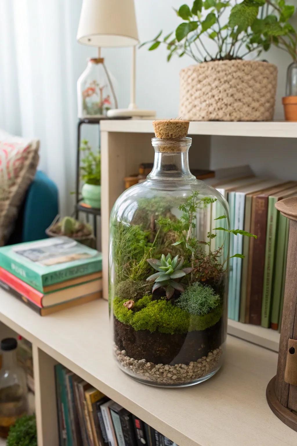Miniature world terrariums offering a magical look inside a bottle.