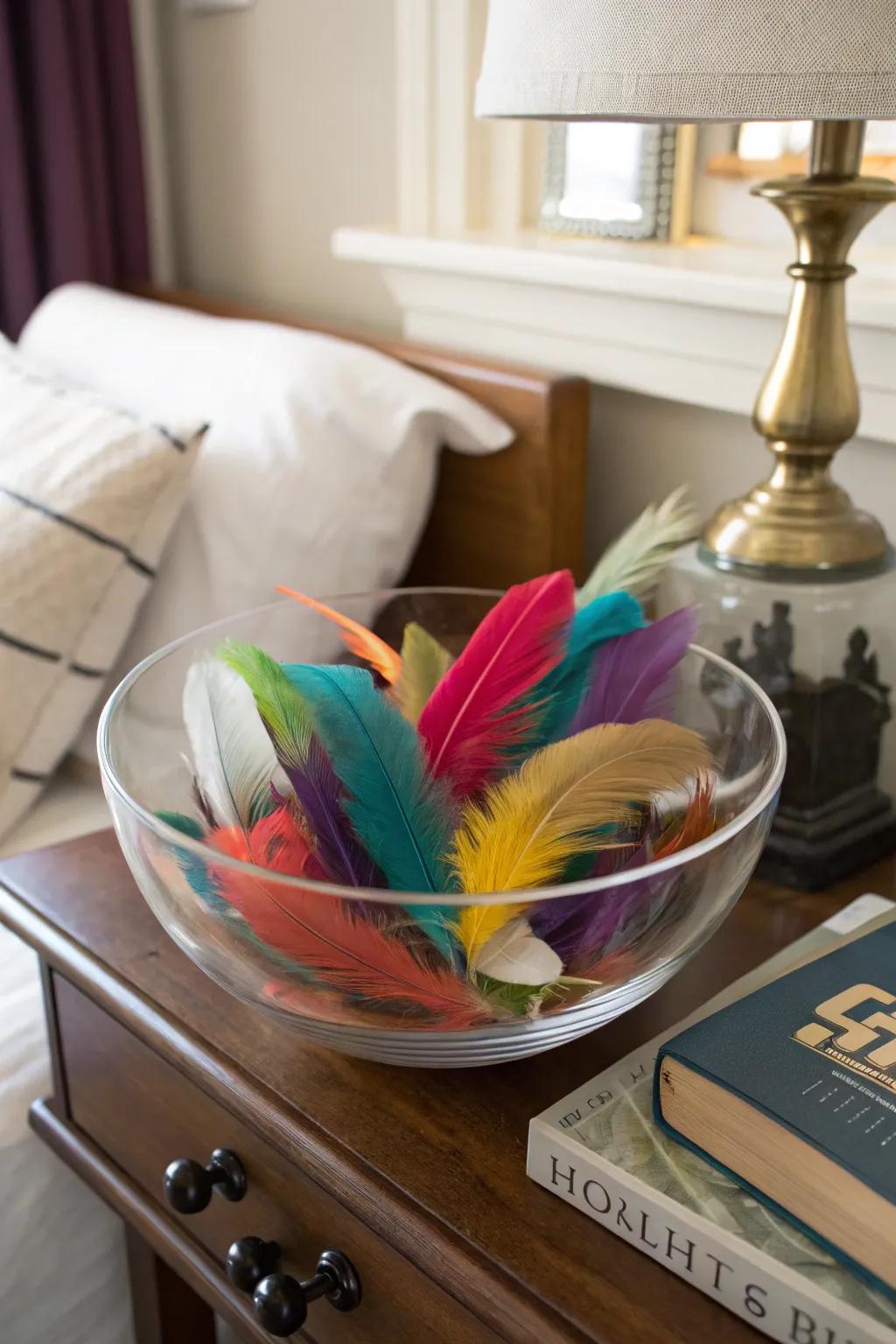 Fun and color with feathers in a glass bowl.