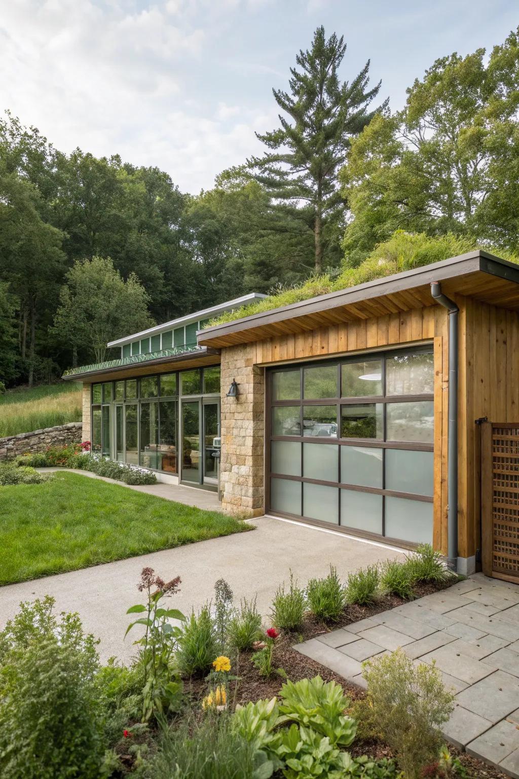 An eco-friendly home design featuring a glass garage door.