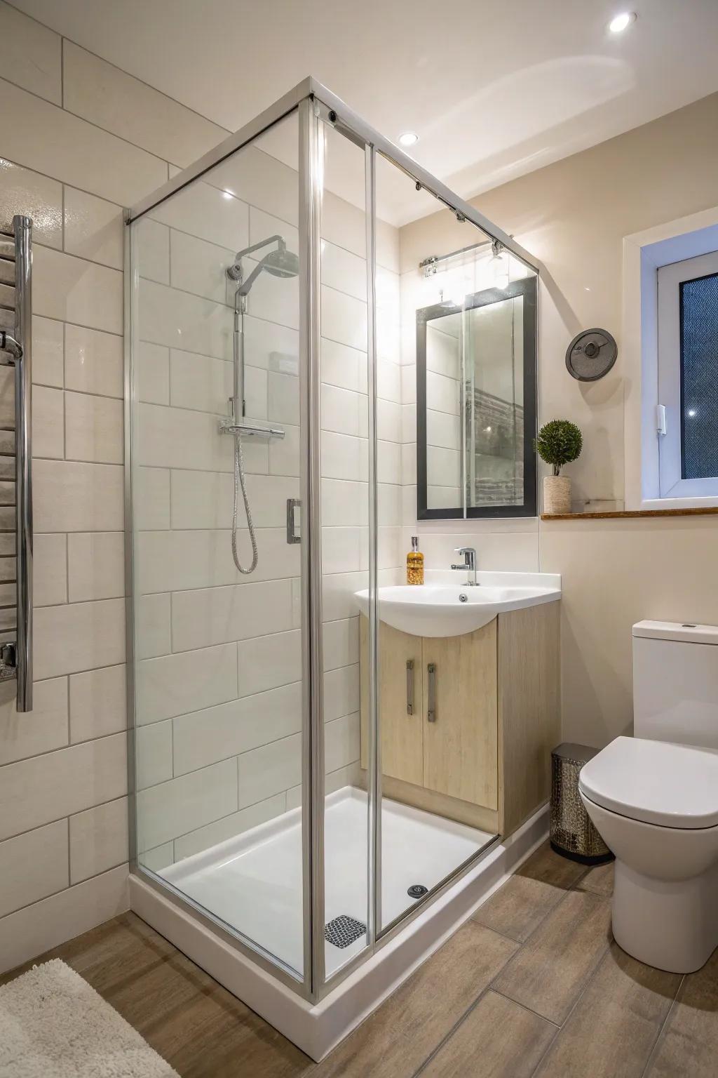 Optimize space economy through an angled shower arrangement.