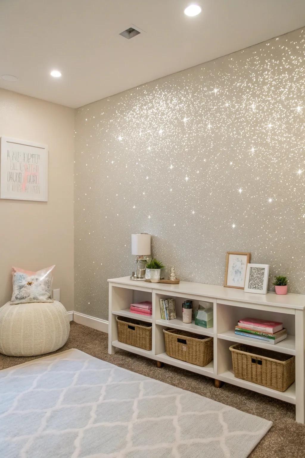 A shimmer accent wall adds a glimmer to a minimalist space.