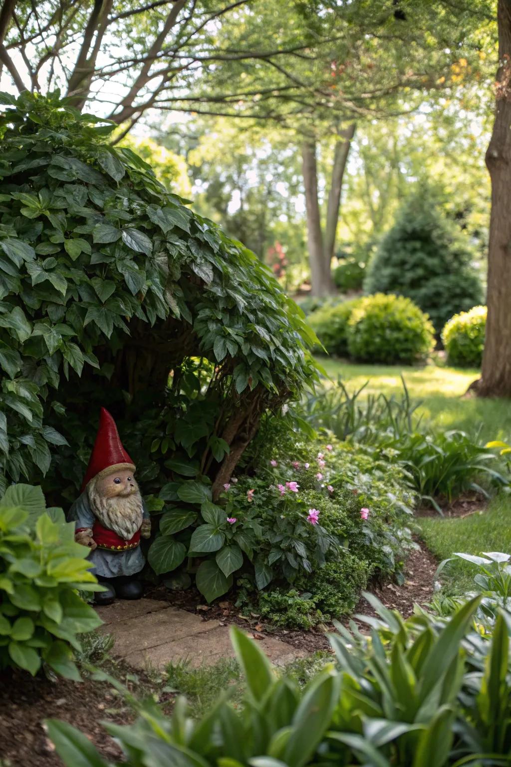 A secretive gnome den snugly settled in flourishing foliage.