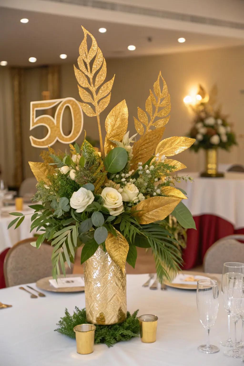 Floral arrangements featuring leaves painted gold contribute a lush elegance to the tables.