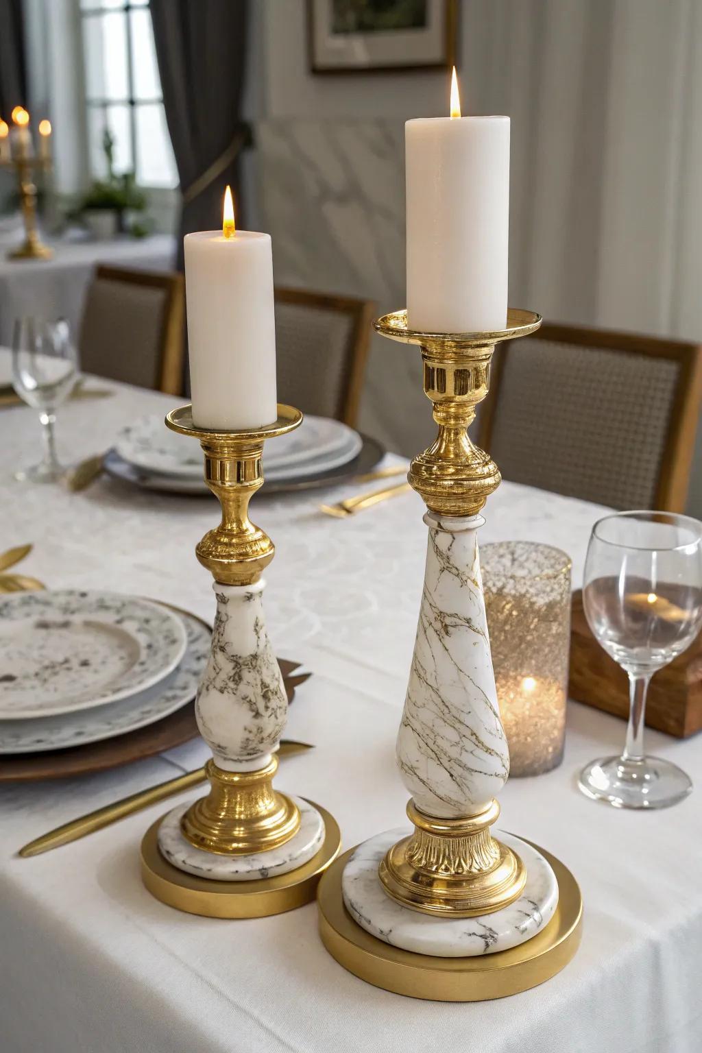 Elegant gold and marble light stands for a luxurious element.
