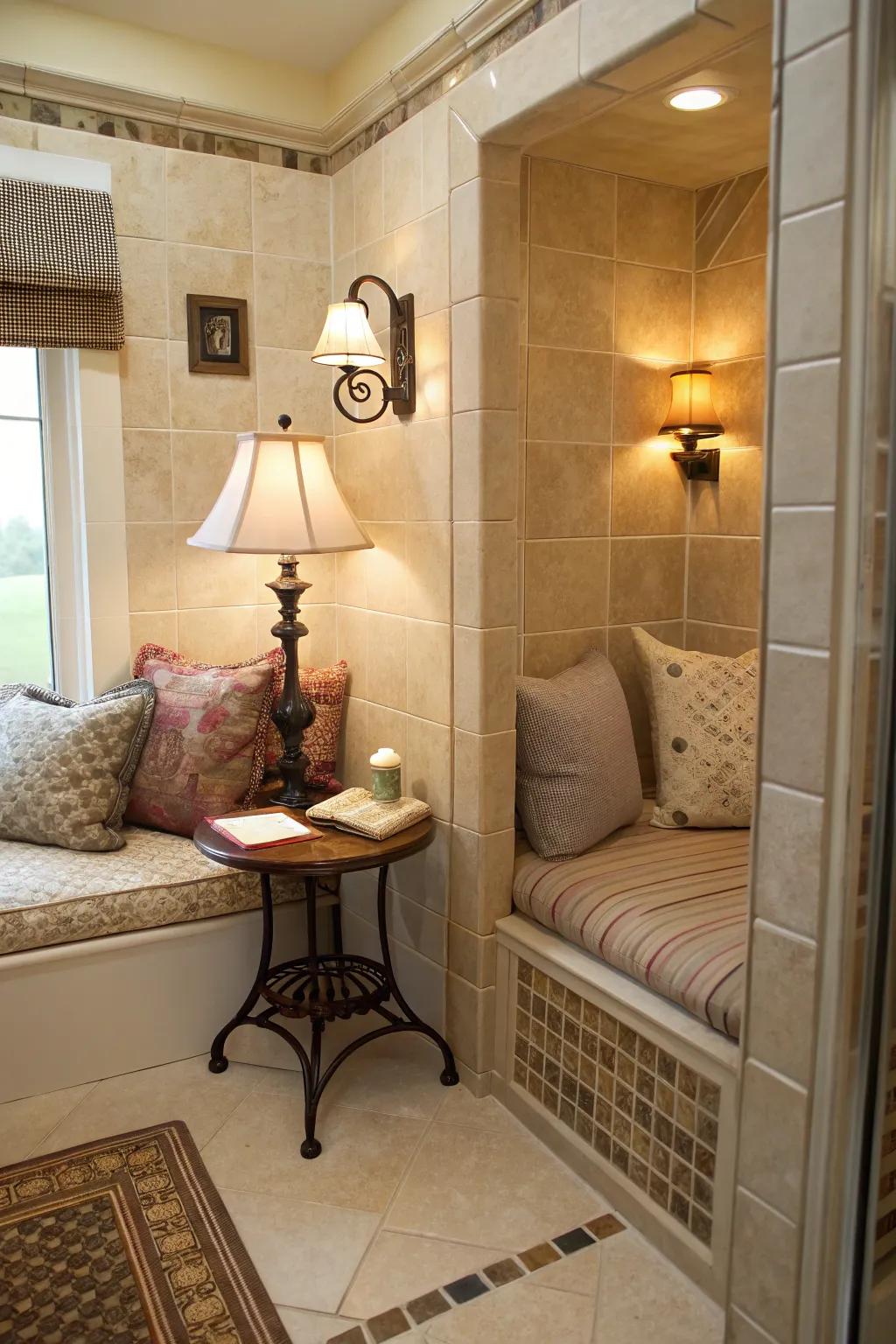 A cozy nook adds comfort and warmth to the gothic bathroom.