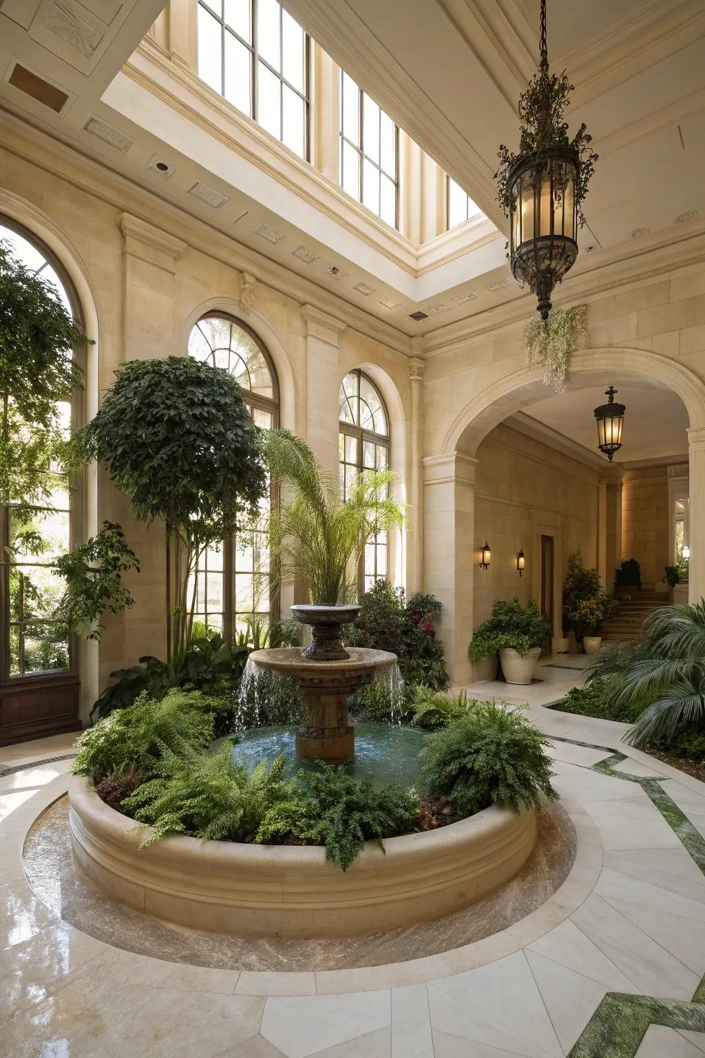 A miniature garden nook brings serenity to a majestic entryway.