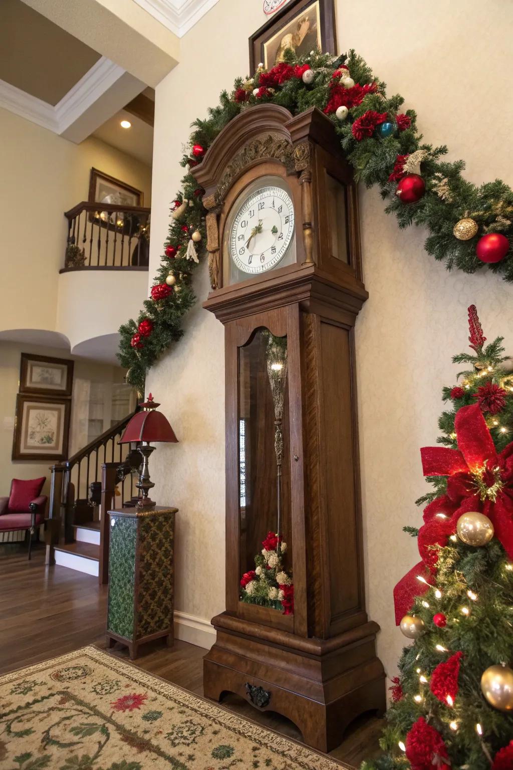A longcase clock transforms into a holiday focal point.