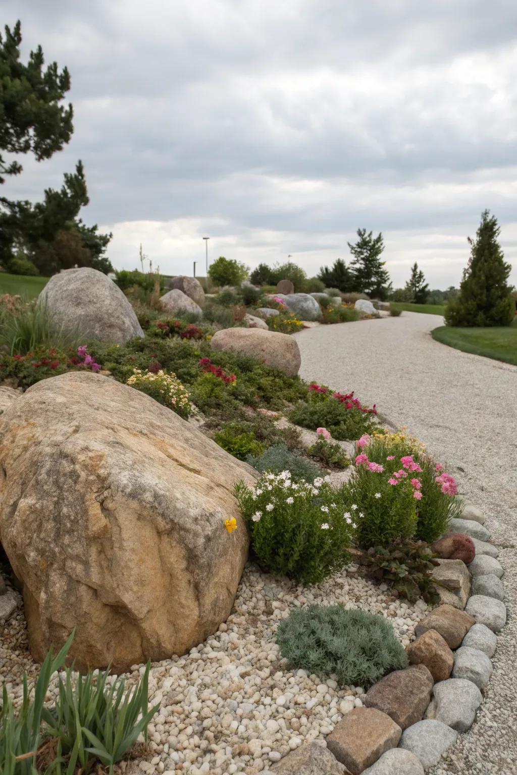 A bold pebble garden bed showcasing striking massive stones