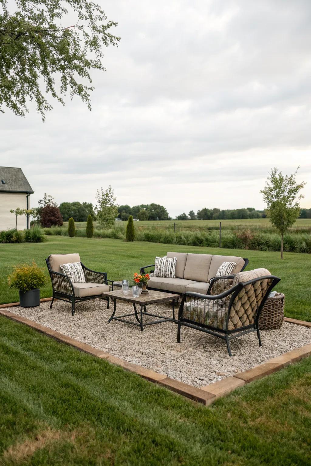 Outdoor furniture on gravel highlights cozy seating areas.