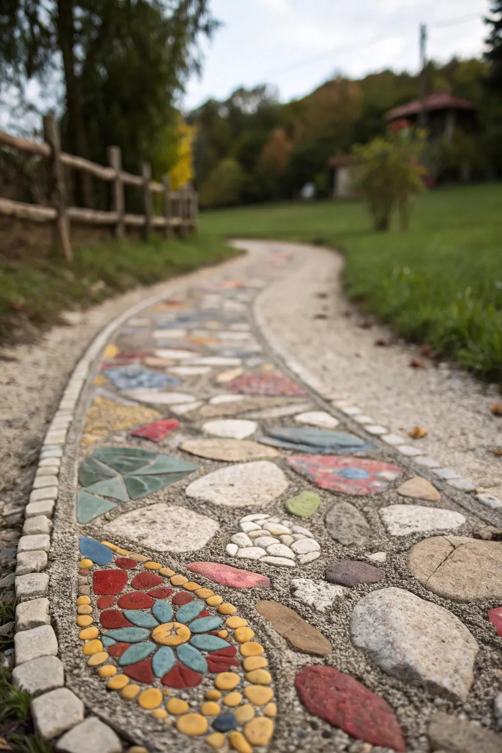 Mosaic elements turn a stone path into a piece of art.