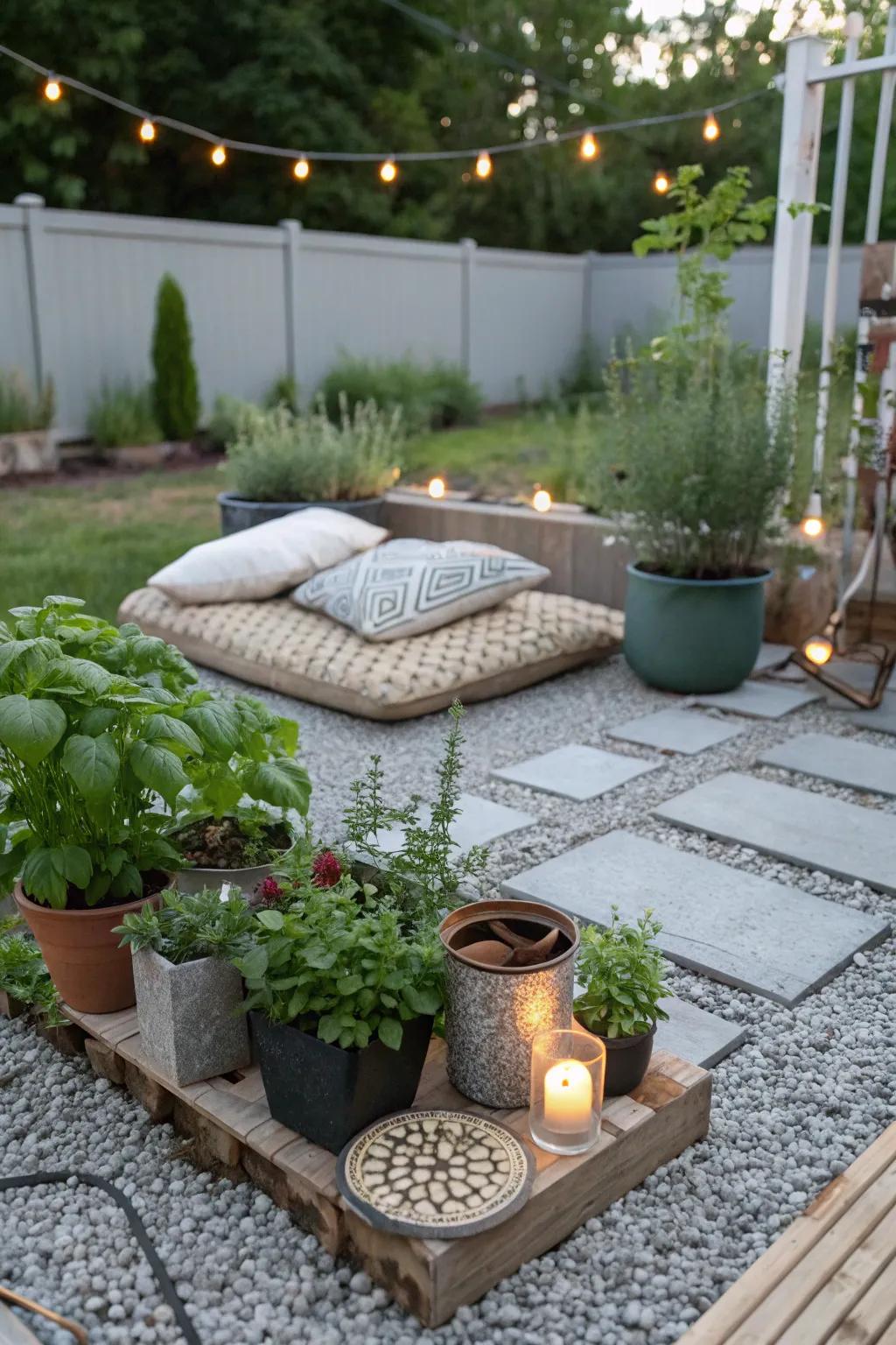 A gravel patio personalized using a themed area, adding character and charm.