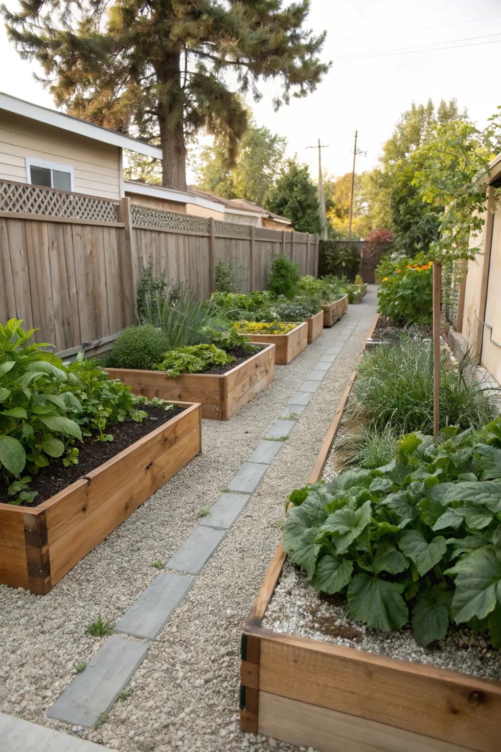 Raised planters framed by gravel for a structured garden design.