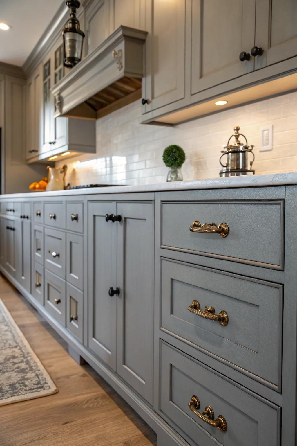 Gray kitchen cabinets are made more charming by vintage hardware.