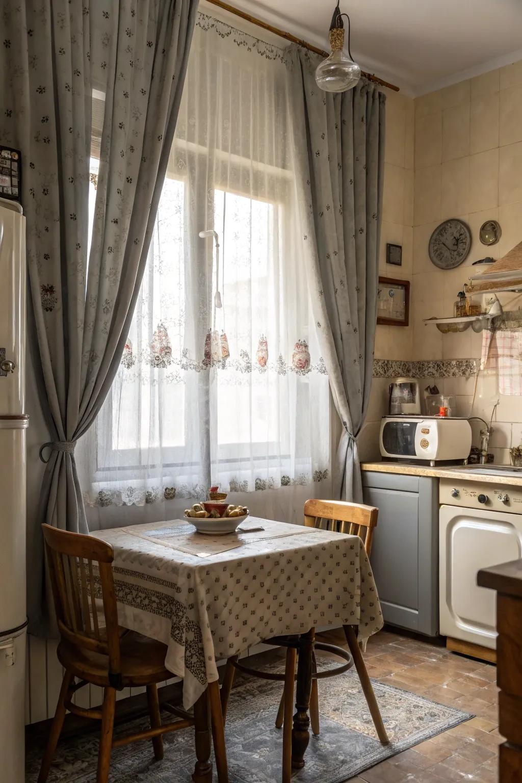 Retro-inspired gray drapes add charm and warmth to the kitchen.
