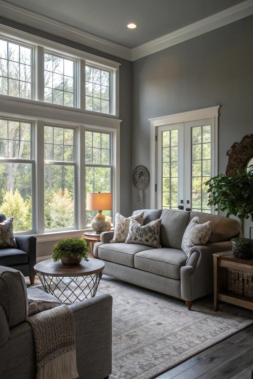 A gray living room feels more open thanks to natural light.