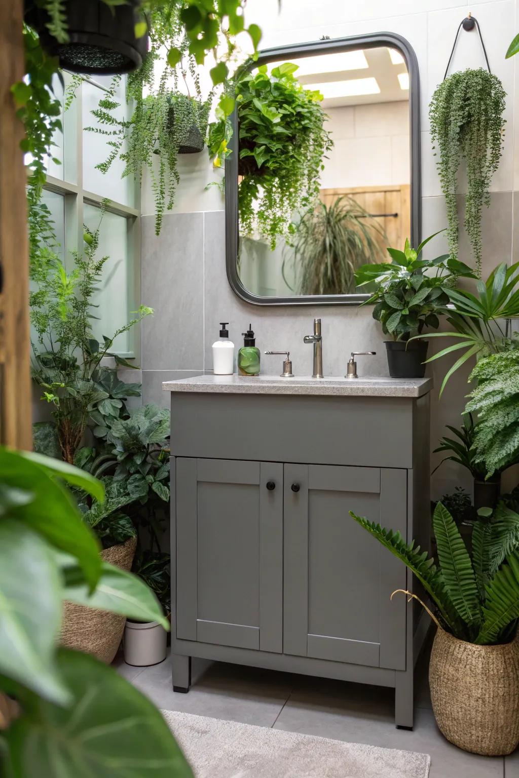 A fresh and lively lavatory featuring a gray stand and greenery.