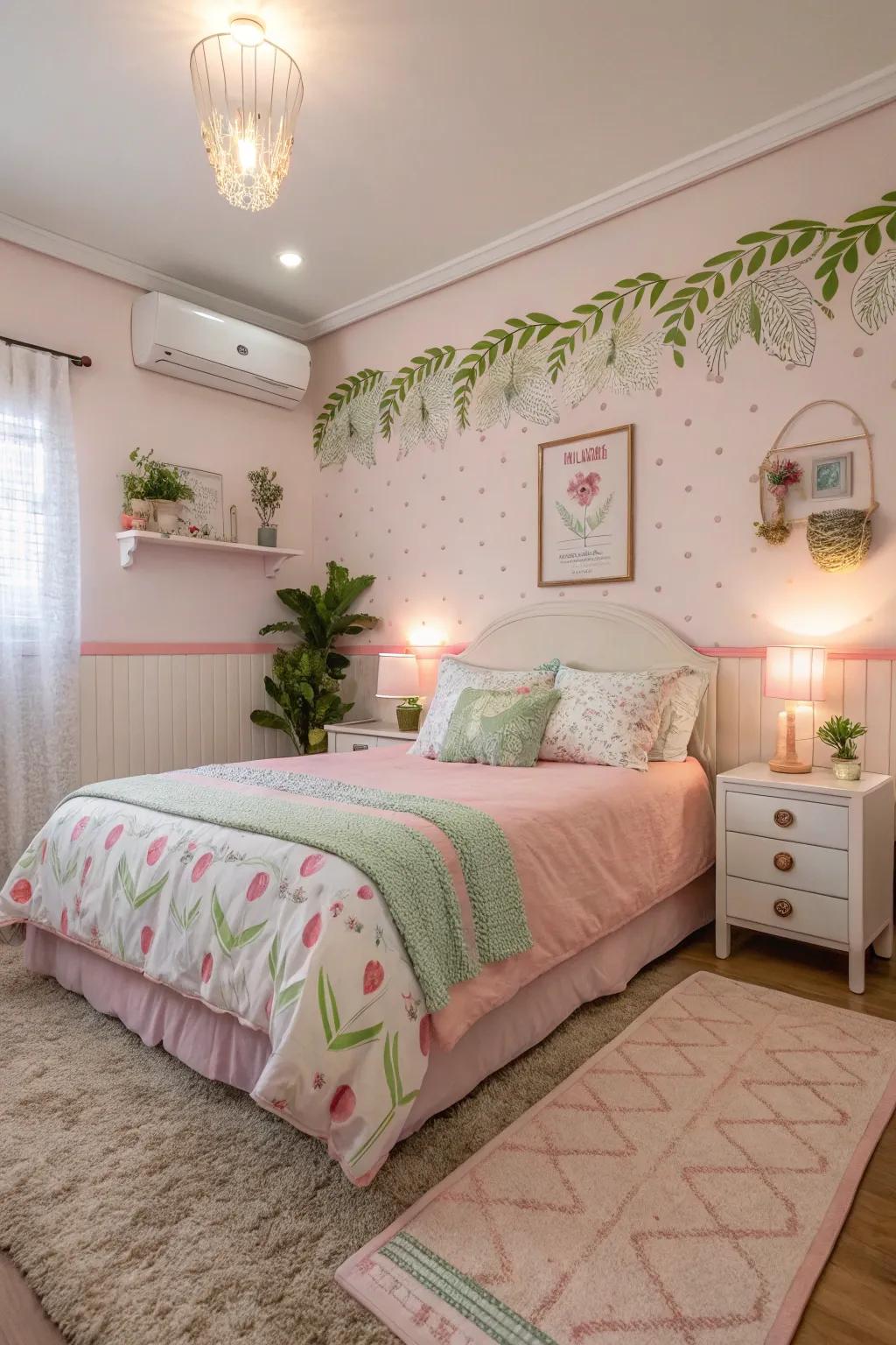 The serene and welcoming space created by cheerful pastels in rose and green.