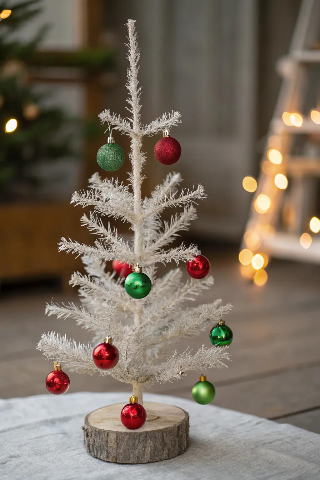 An elegantly simple Christmas tree showcasing crimson and emerald decorations.
