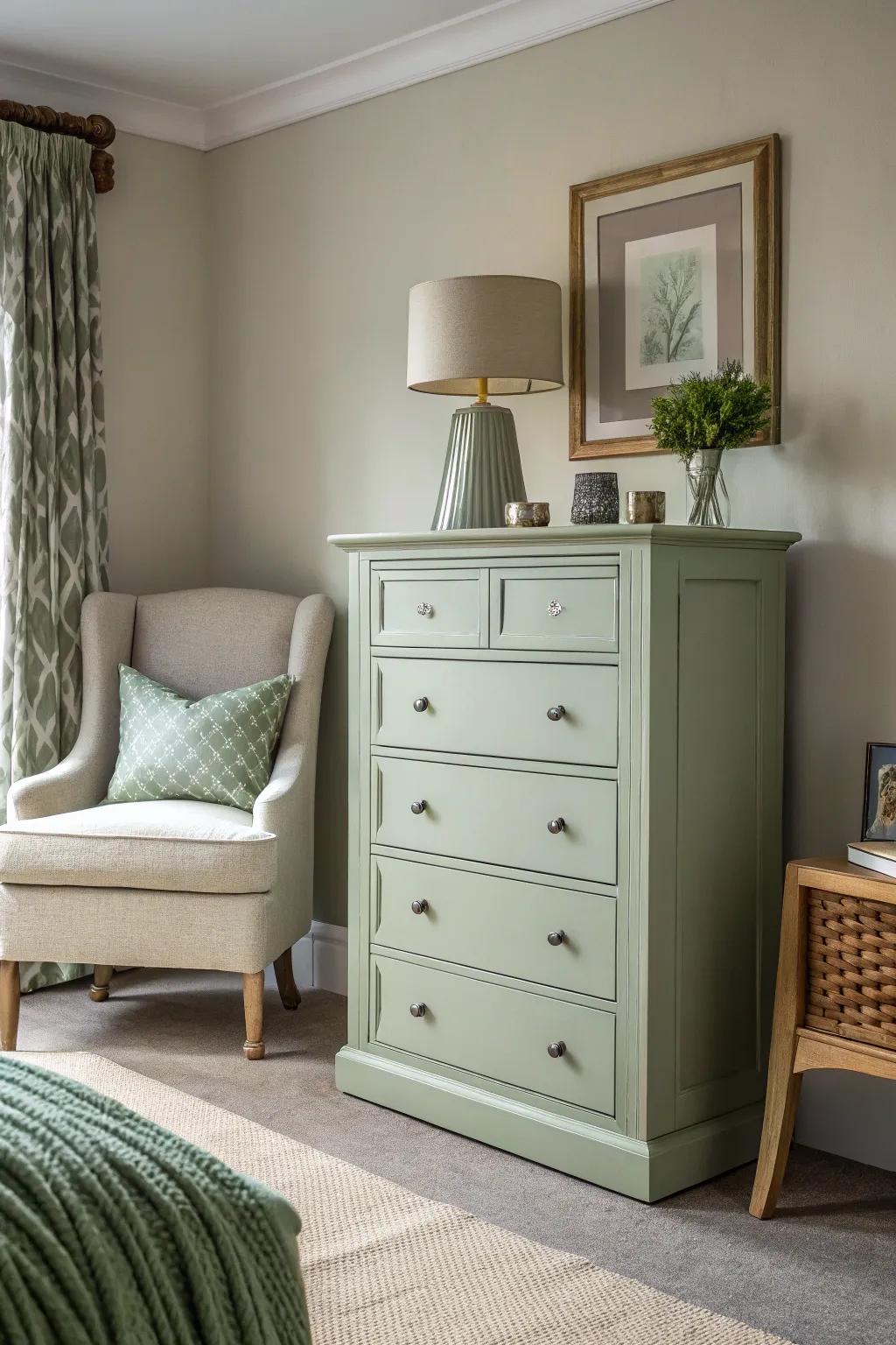 Soft green furnishings give the space a modern and energizing feel.